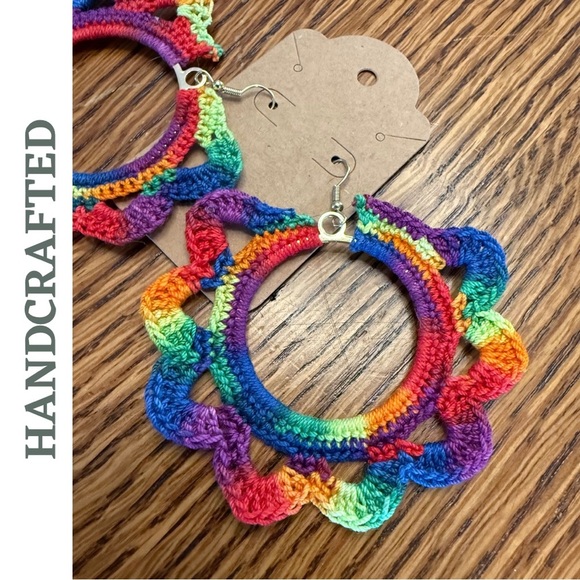 Multicolor Boho Flower Crochet Earrings | Handmade Statement Jewelry | Rainbow - Picture 3 of 5